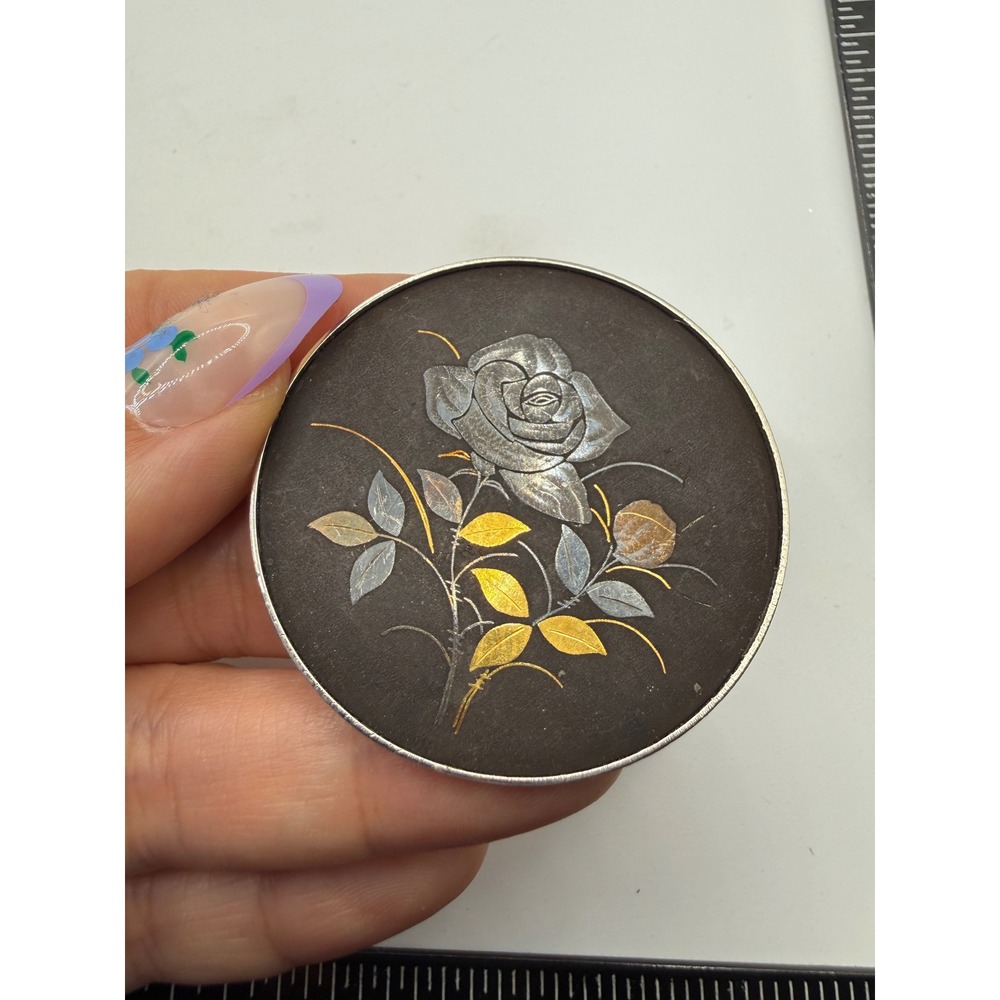Vintage Amita Japan Damascene Rose Brooch Gold Silver Inlay Floral Pin 1.5 Inch